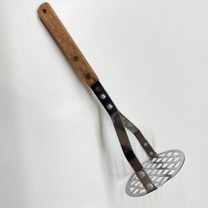 Vintage Stainless Steel Potato Masher Wood Handle Japan Kitchen Tool Grid Style